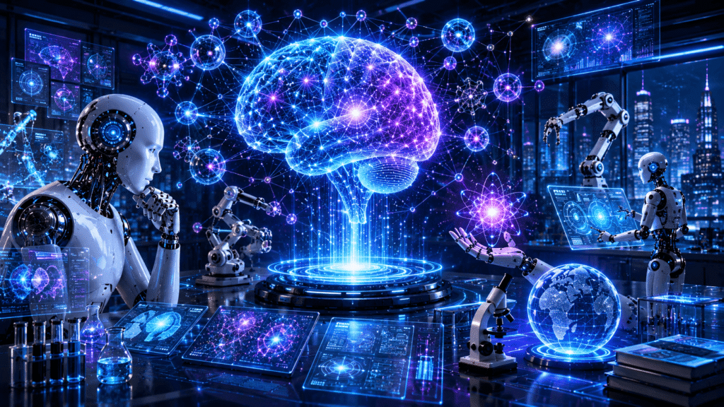 A futuristic visualization showing AGI systems integrating human-like reasoning, learning, problem-solving, and decision-making across multiple domains.