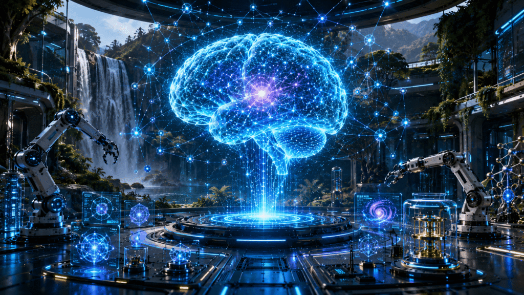 Illustration of Artificial General Intelligence connecting robotics, neural networks, and advanced machine learning systems.